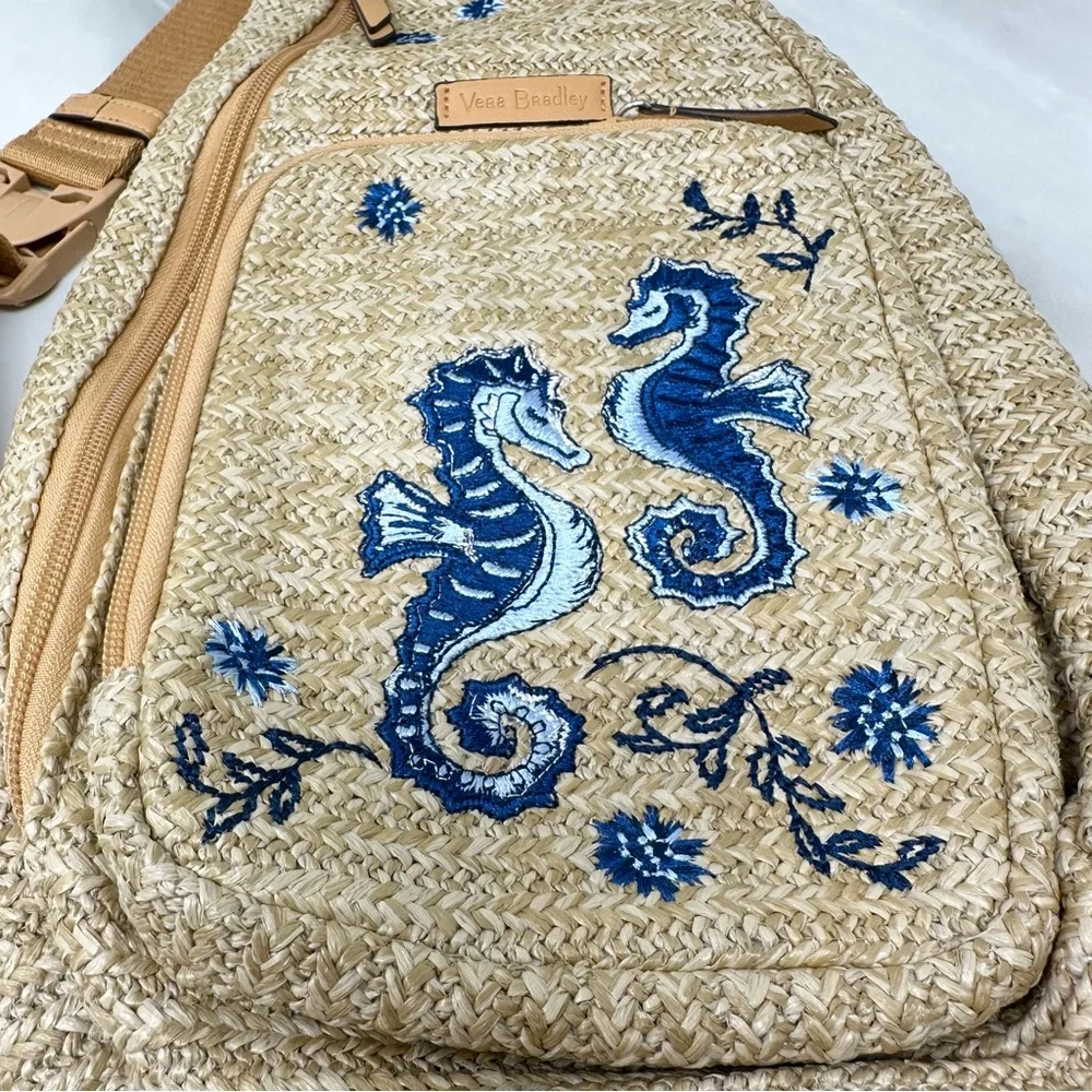 Vera Bradley Straw Sling Backpack Blue Seahorse Embroidery
